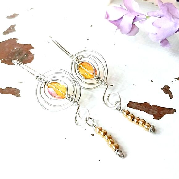 Boho Style Beaded Dangle Earrings, Wire Wrapped Glass, OOAK Statement Chic - Picture 2 of 9
